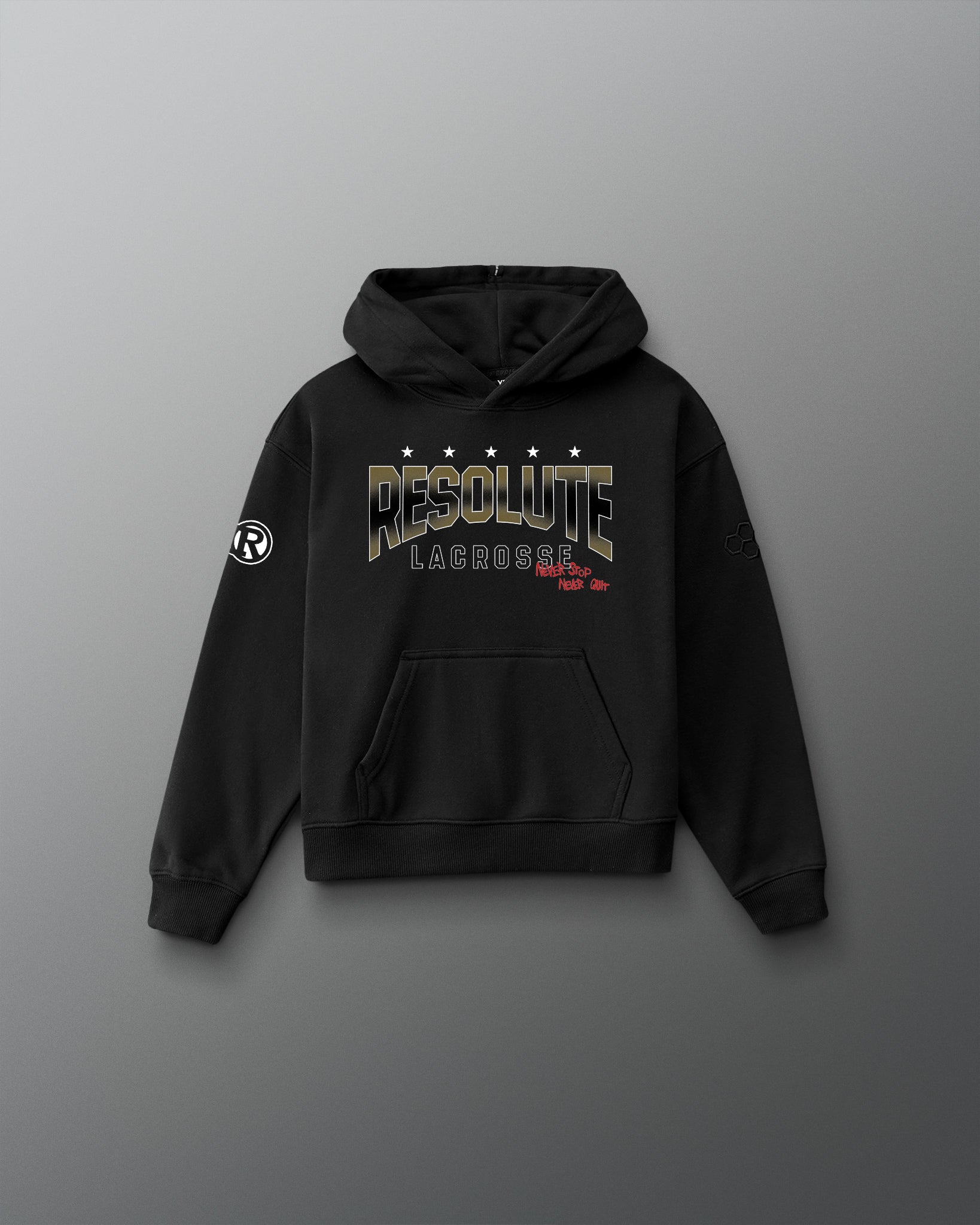 Black hoodie with 'Resolute Lacrosse' text on a gray background