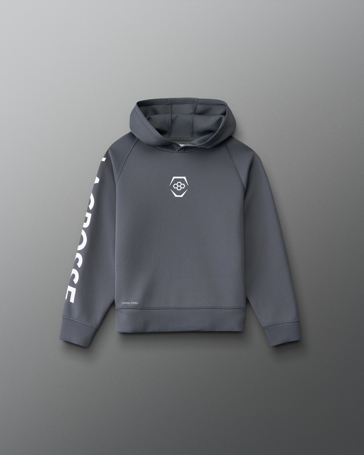 Front view of the RUDIS Youth Lacrosse COOL-FEEL Hoodie in carbon with white RUDIS chest emblem and bold LACROSSE sleeve graphic.