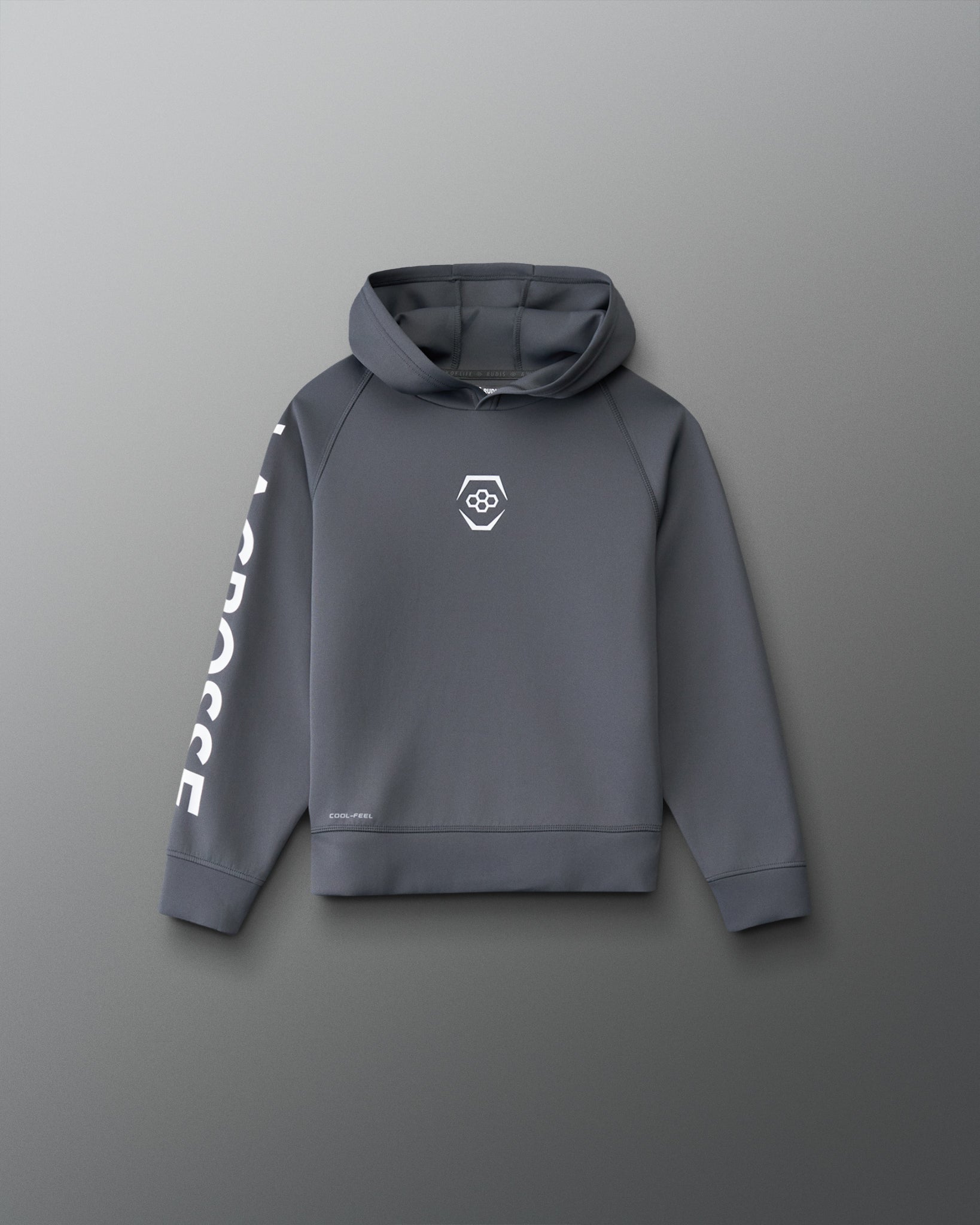 Front view of the RUDIS Youth Lacrosse COOL-FEEL Hoodie in carbon with white RUDIS chest emblem and bold LACROSSE sleeve graphic.