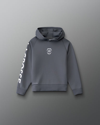 Front view of the RUDIS Youth Lacrosse COOL-FEEL Hoodie in carbon with white RUDIS chest emblem and bold LACROSSE sleeve graphic.