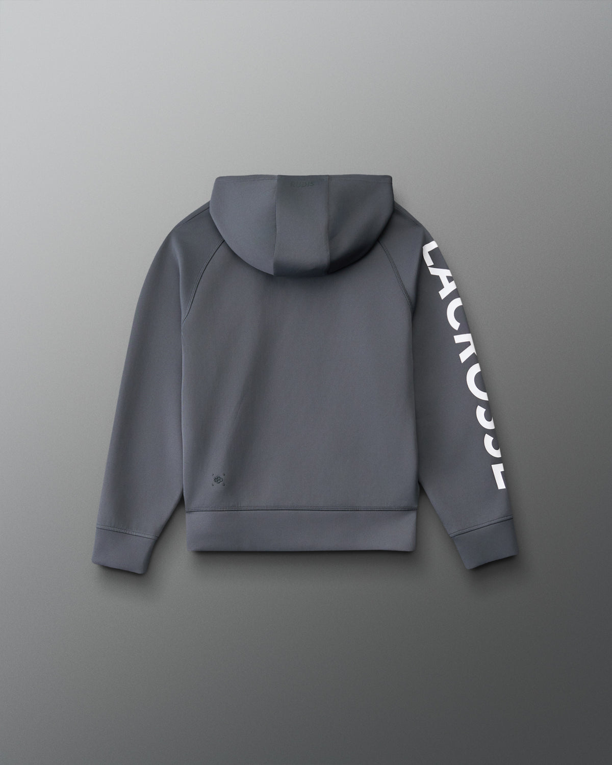 Back view of the RUDIS Youth Lacrosse COOL-FEEL Hoodie in carbon with hood, raglan seams and white LACROSSE sleeve graphic.