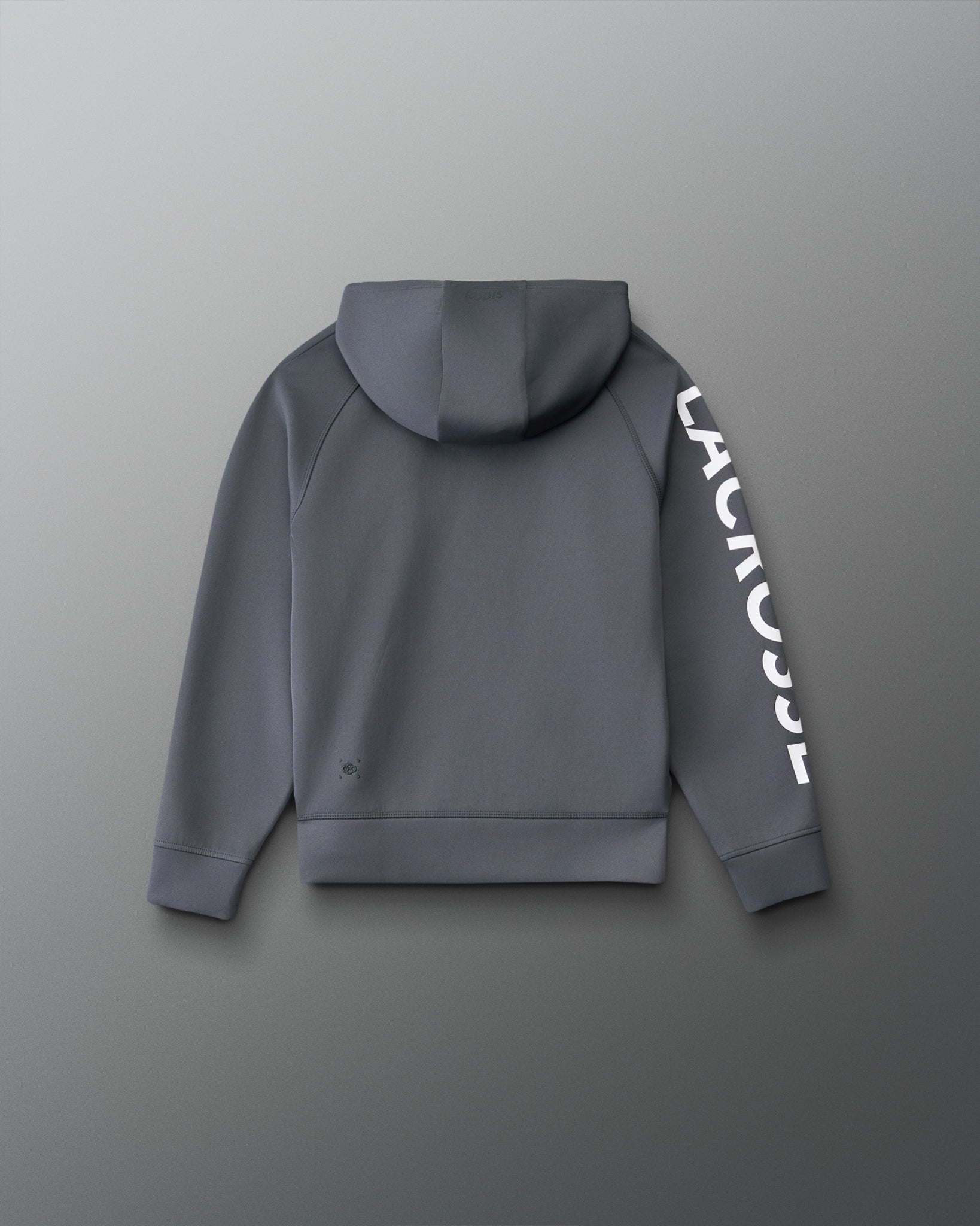 Back view of the RUDIS Youth Lacrosse COOL-FEEL Hoodie in carbon with hood, raglan seams and white LACROSSE sleeve graphic.