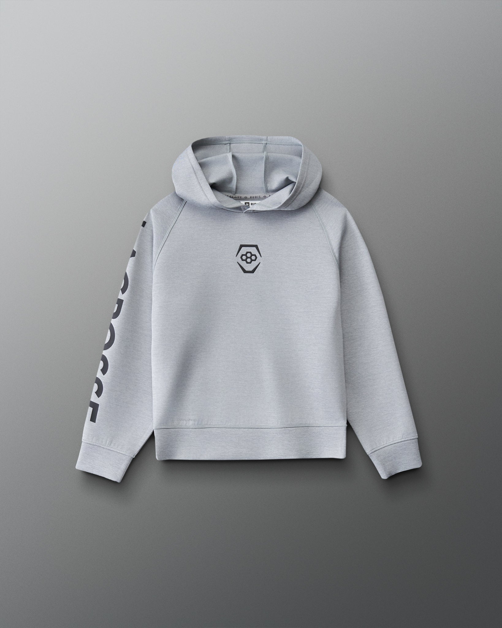 A light gray pullover hoodie with a black geometric logo on the center chest and vertical black lettering on one sleeve, displayed against a dark gray gradient background.