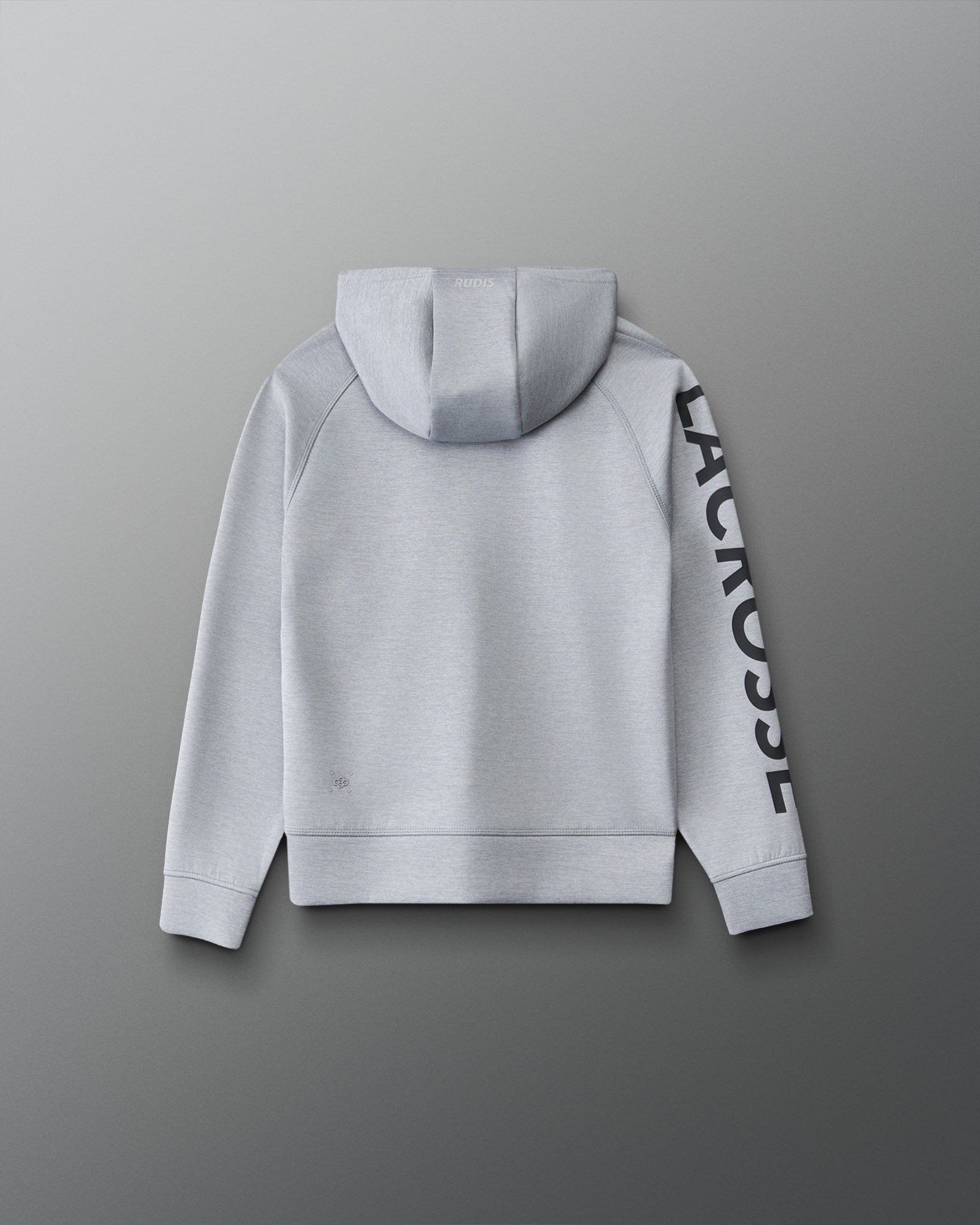 Back view of the RUDIS Youth Lacrosse COOL-FEEL Hoodie in heather gray with hood, raglan seams and black LACROSSE sleeve graphic.