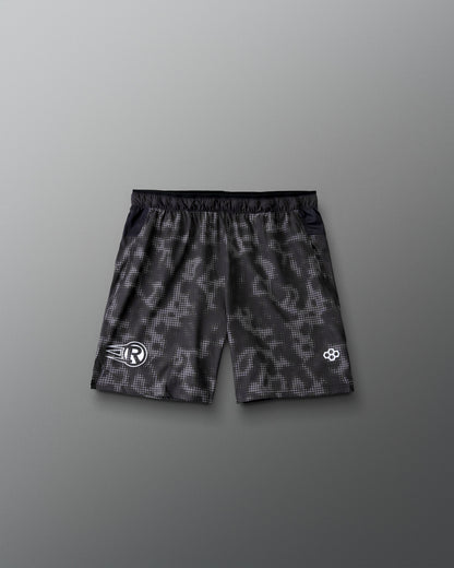 RUDIS Resolute Attack youth lacrosse shorts in black with a tonal camo print, featuring an elastic waistband, athletic fit, and clean back design.