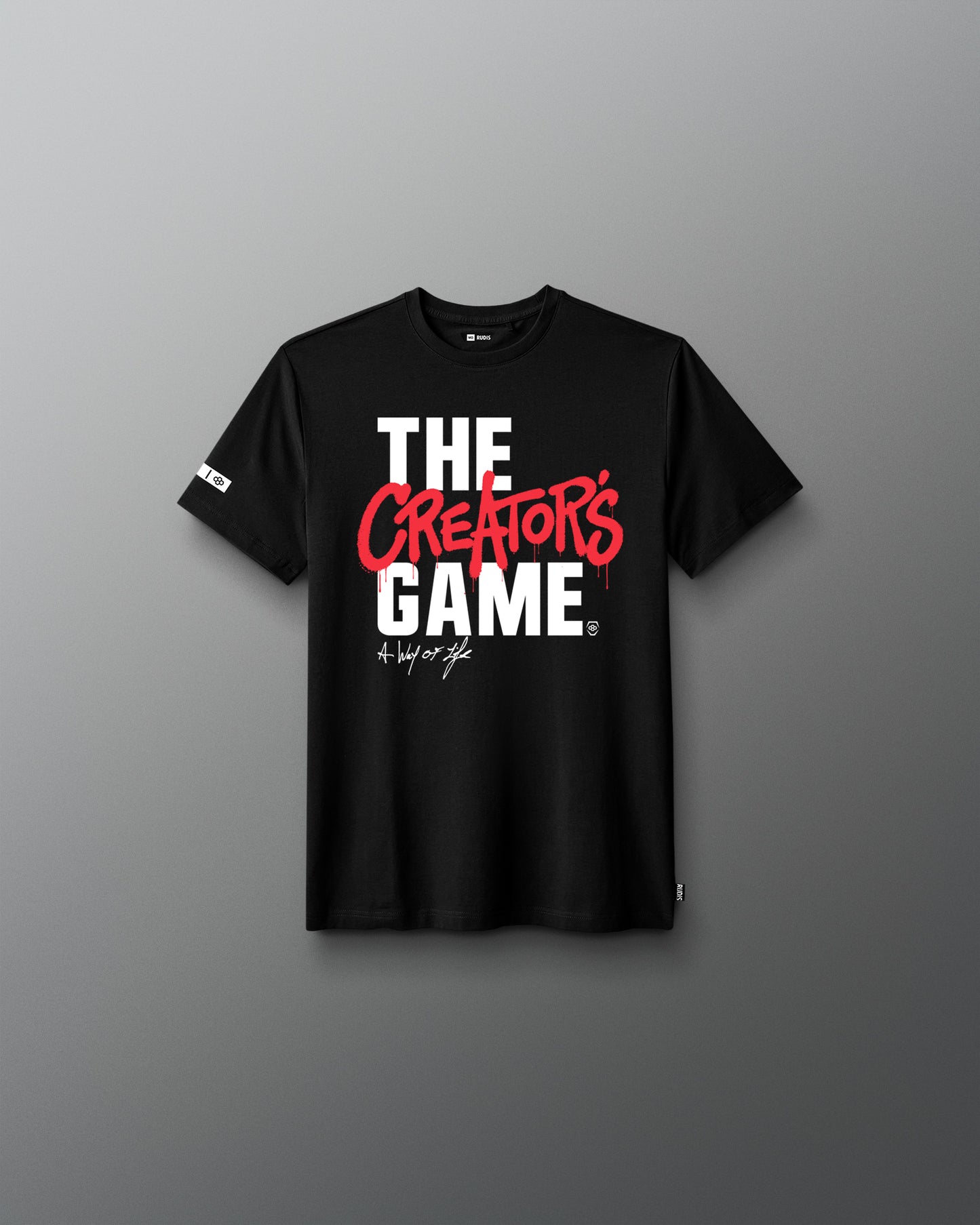 Black t-shirt with 'The Creator's Game' text on a gray background