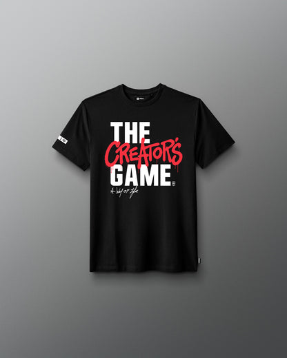 Black t-shirt with 'The Creator's Game' text on a gray background
