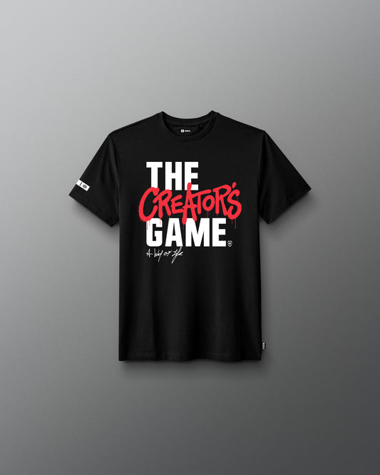 Black t-shirt with 'The Creator's Game' text on a gray background