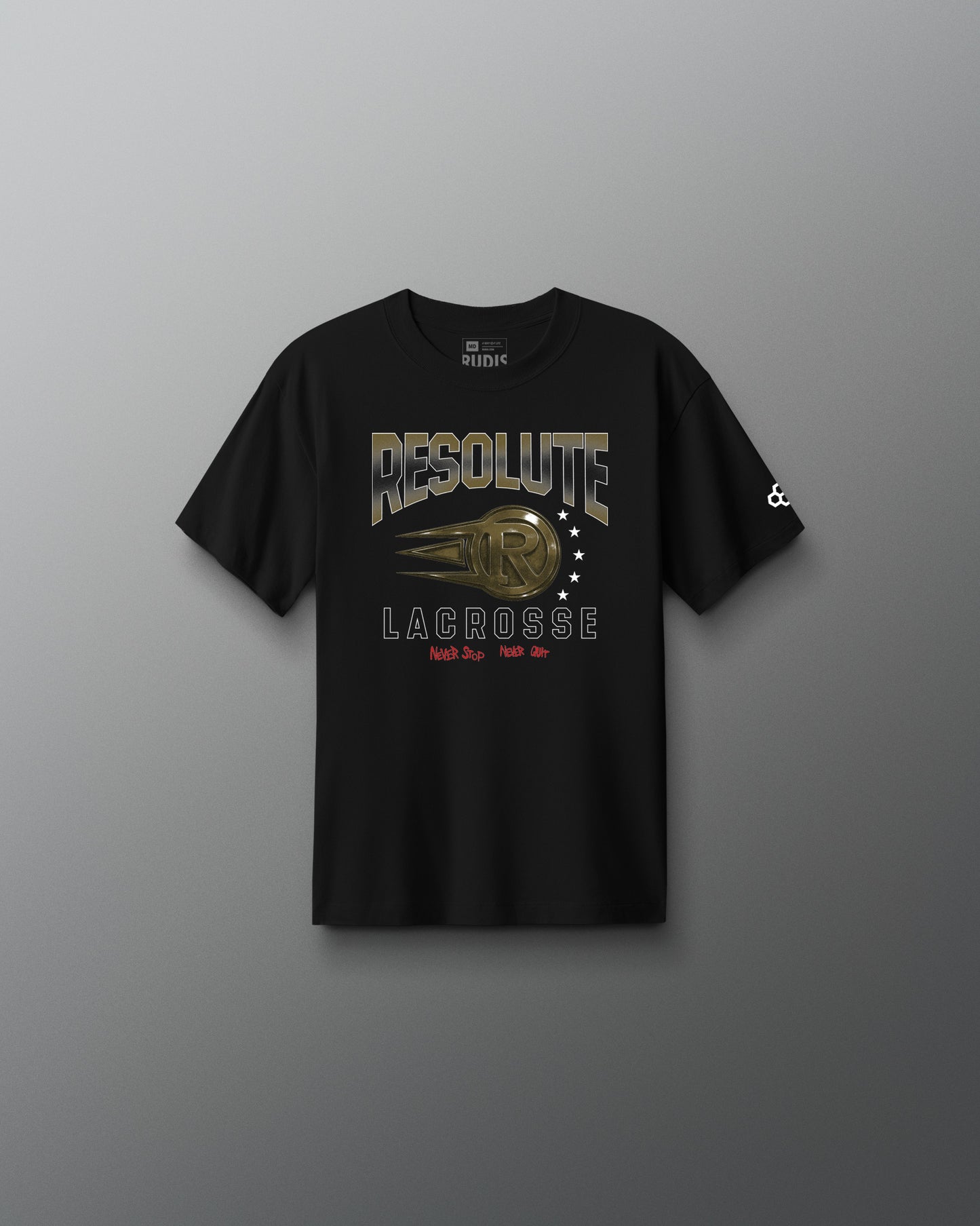 Black t-shirt with 'Resolute Lacrosse' graphic on a gray background