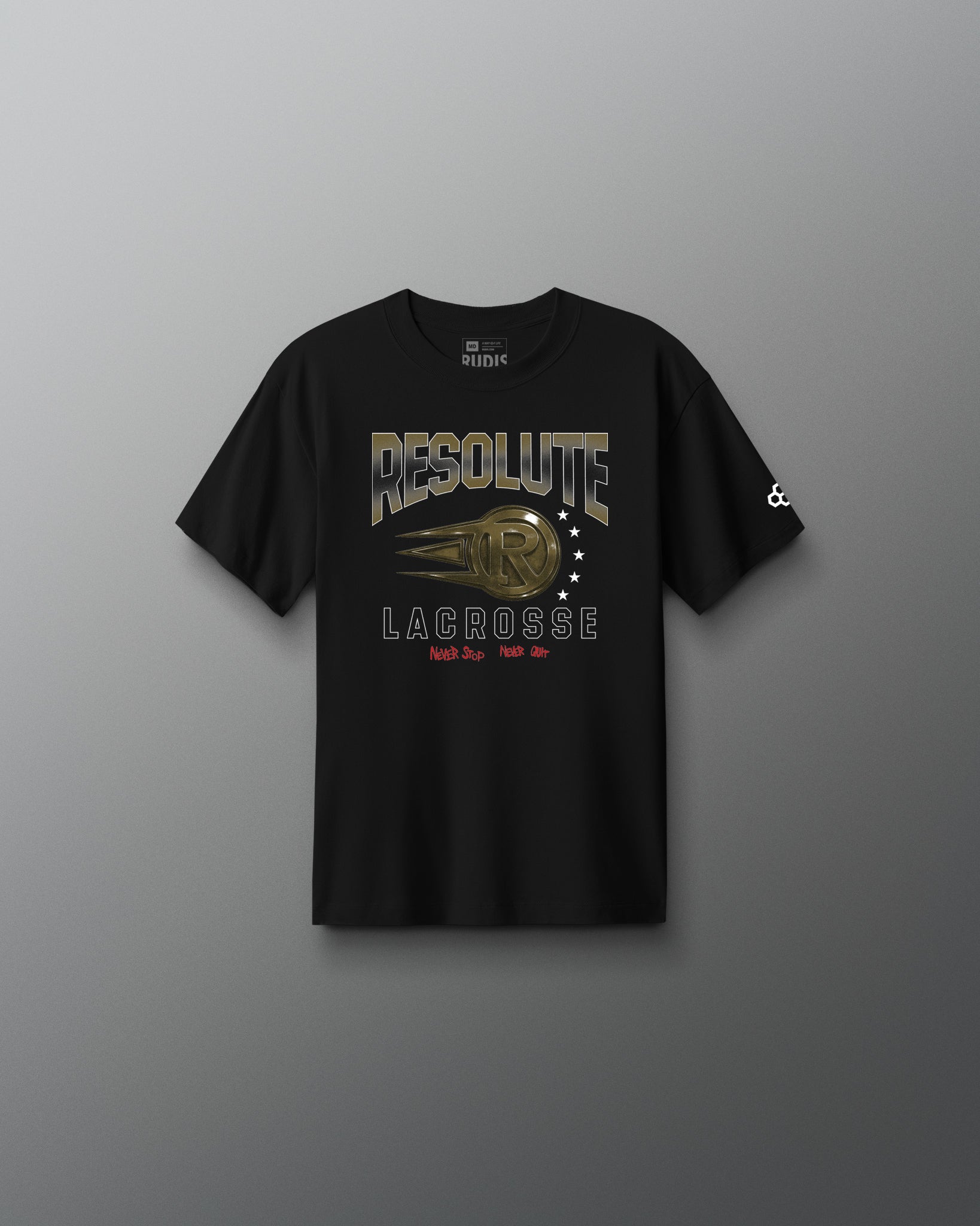 Black t-shirt with 'Resolute Lacrosse' graphic on a gray background