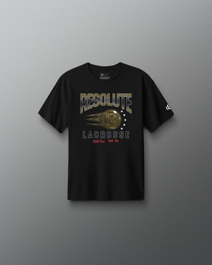 Black t-shirt with 'Resolute Lacrosse' graphic on a gray background