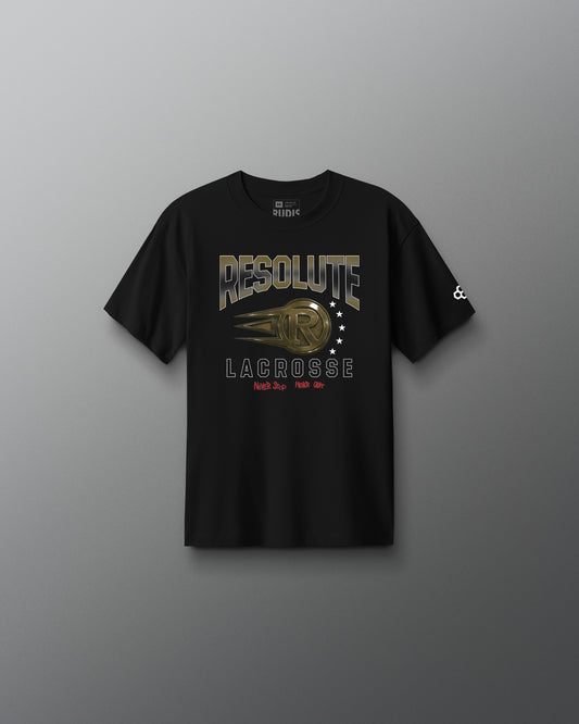 Black t-shirt with 'Resolute Lacrosse' graphic on a gray background