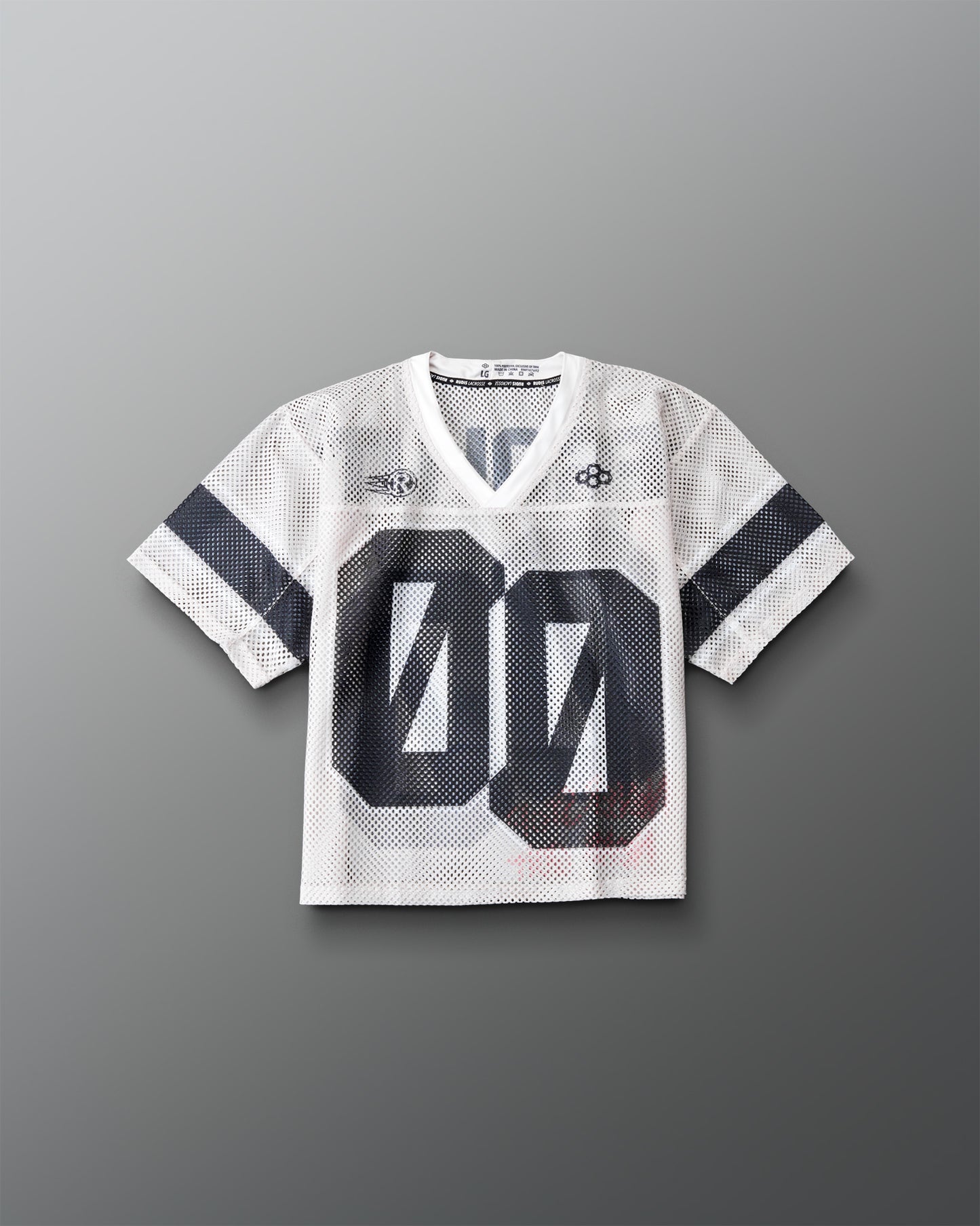 Youth RUDIS Resolute Throwback lacrosse jersey in white mesh featuring a V-neck, black sleeve stripes, oversized "00" front number, Rocket logo, RUDIS logo, and breathable athletic construction.