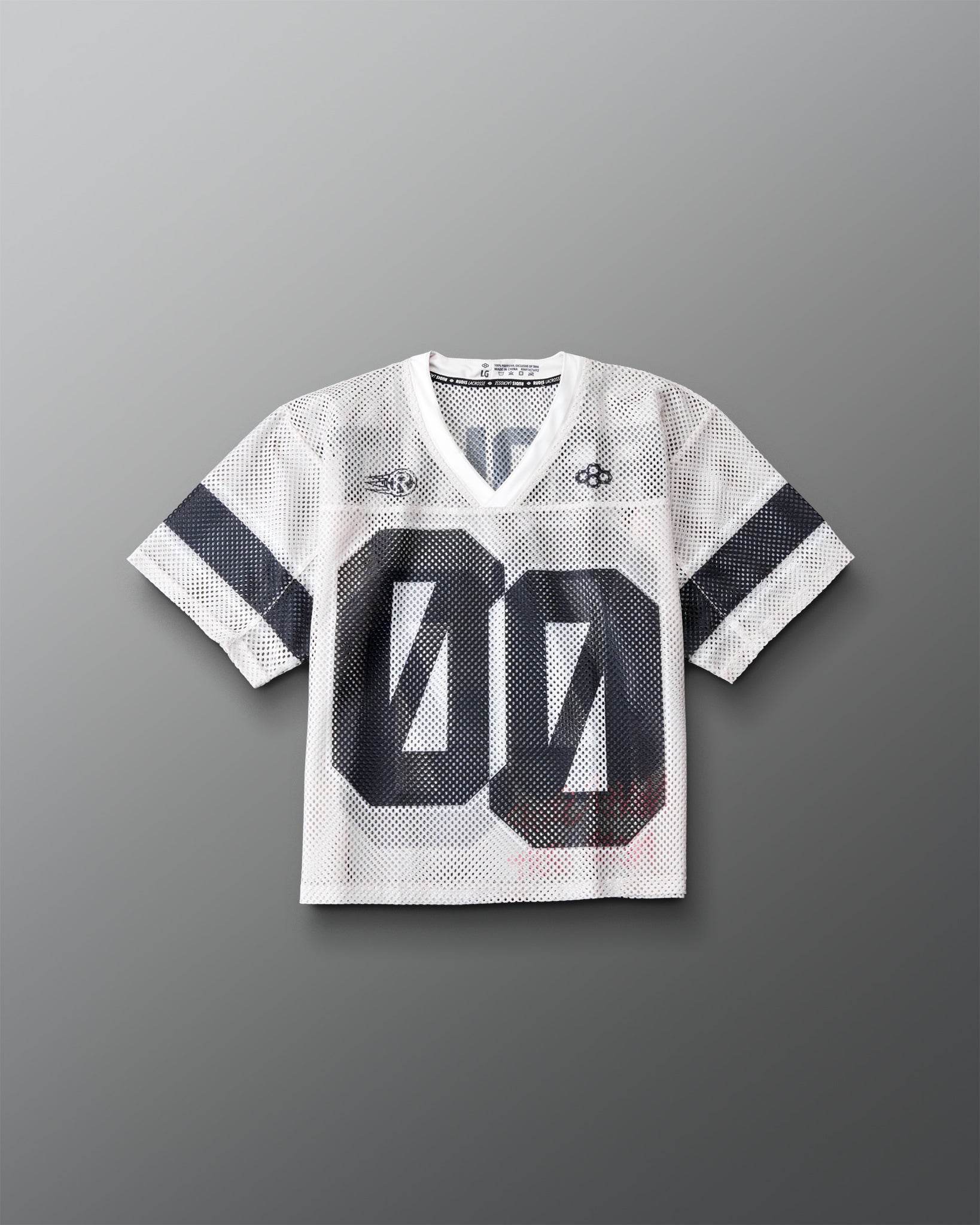 Youth RUDIS Resolute Throwback lacrosse jersey in white mesh featuring a V-neck, black sleeve stripes, oversized "00" front number, Rocket logo, RUDIS logo, and breathable athletic construction.