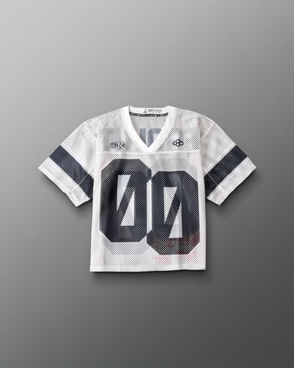 Youth RUDIS Resolute Throwback lacrosse jersey in white mesh featuring a V-neck, black sleeve stripes, oversized "00" front number, Rocket logo, RUDIS logo, and breathable athletic construction.