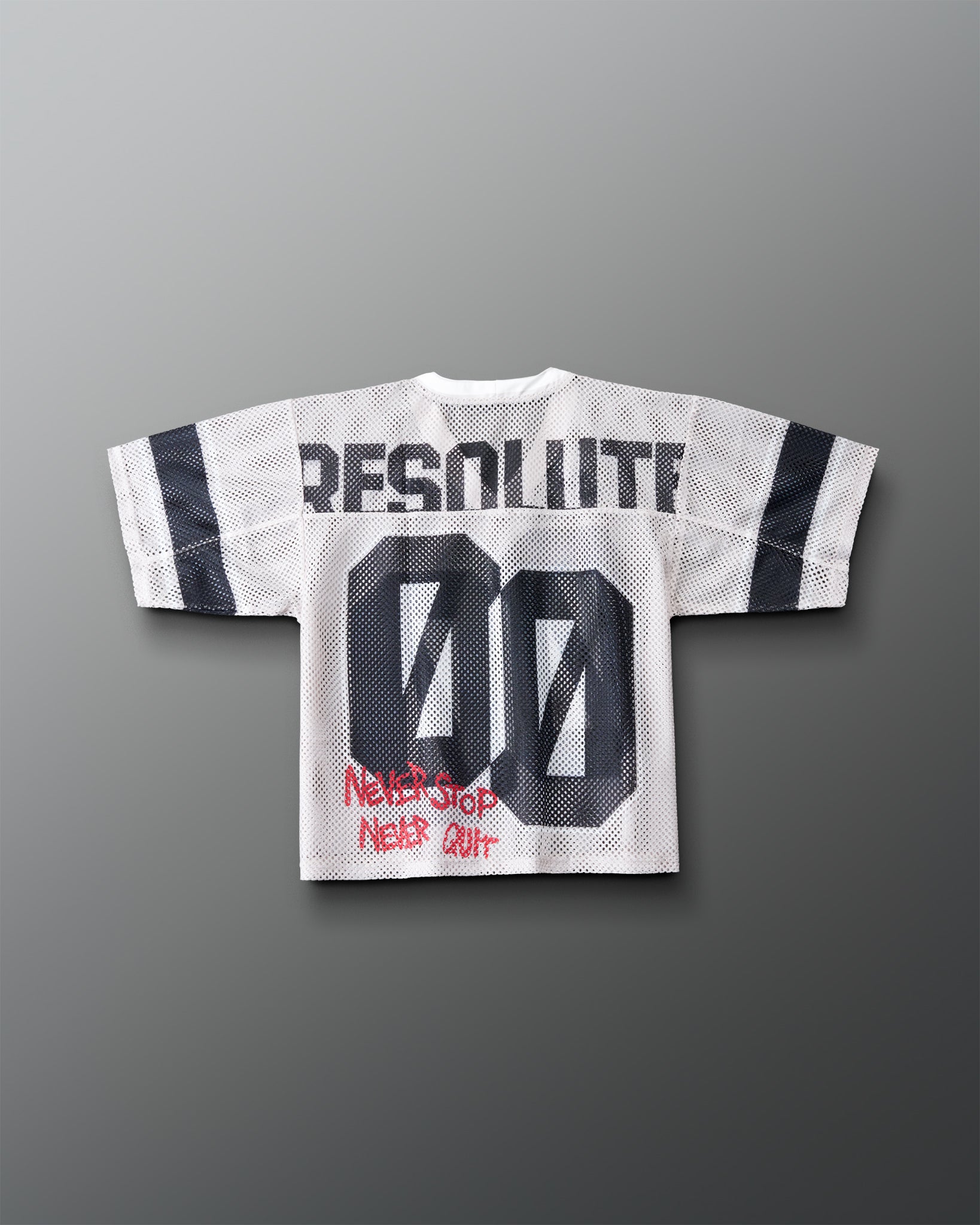 Back of the Youth RUDIS Resolute Throwback lacrosse jersey in white mesh with black sleeve stripes, oversized "00" number, "RESOLUTE" nameplate, and red "Never Stop Never Quit" graphic near the hem.