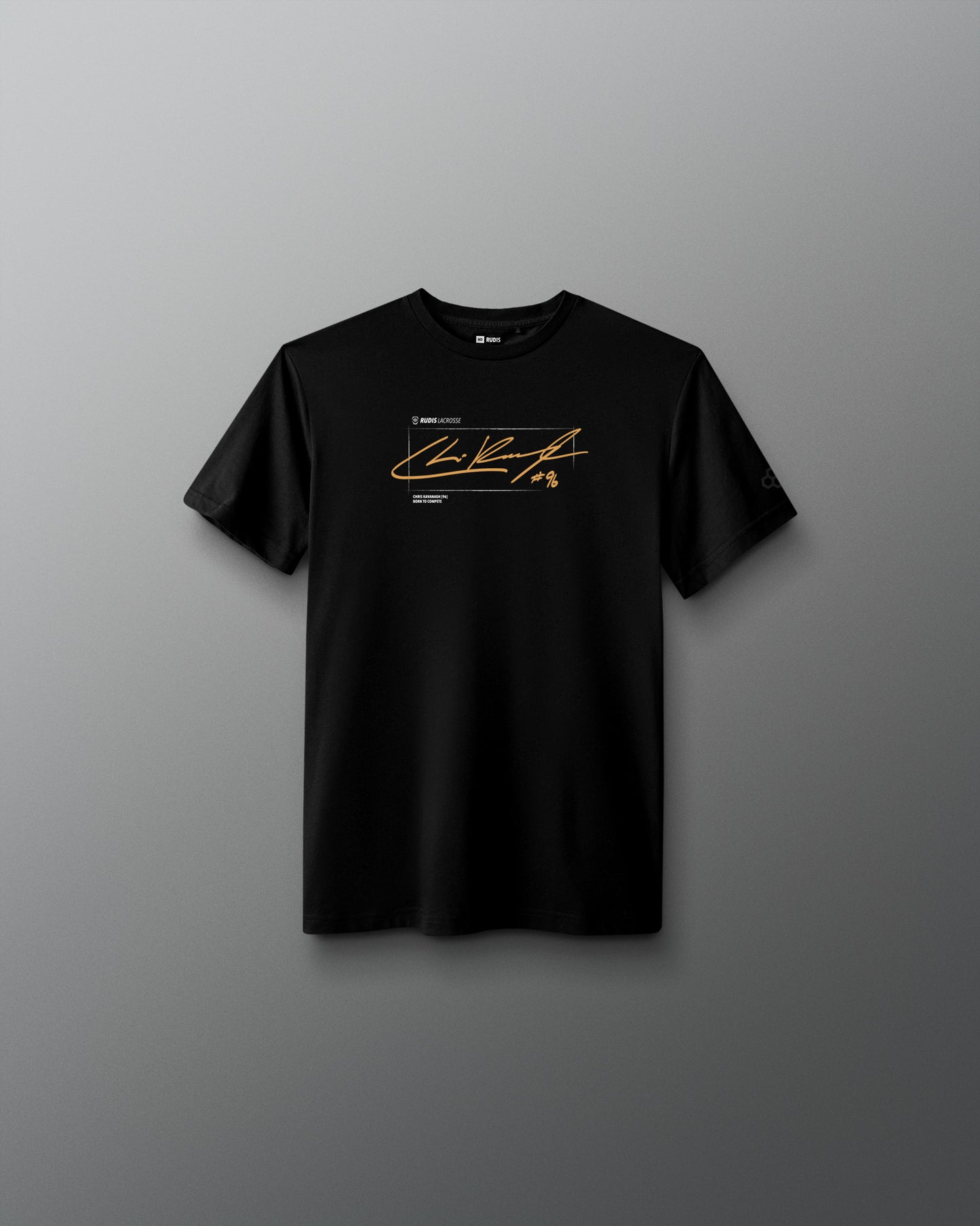 A black short-sleeve crewneck t-shirt with a gold and white graphic print on the chest, displayed against a dark gray gradient background.