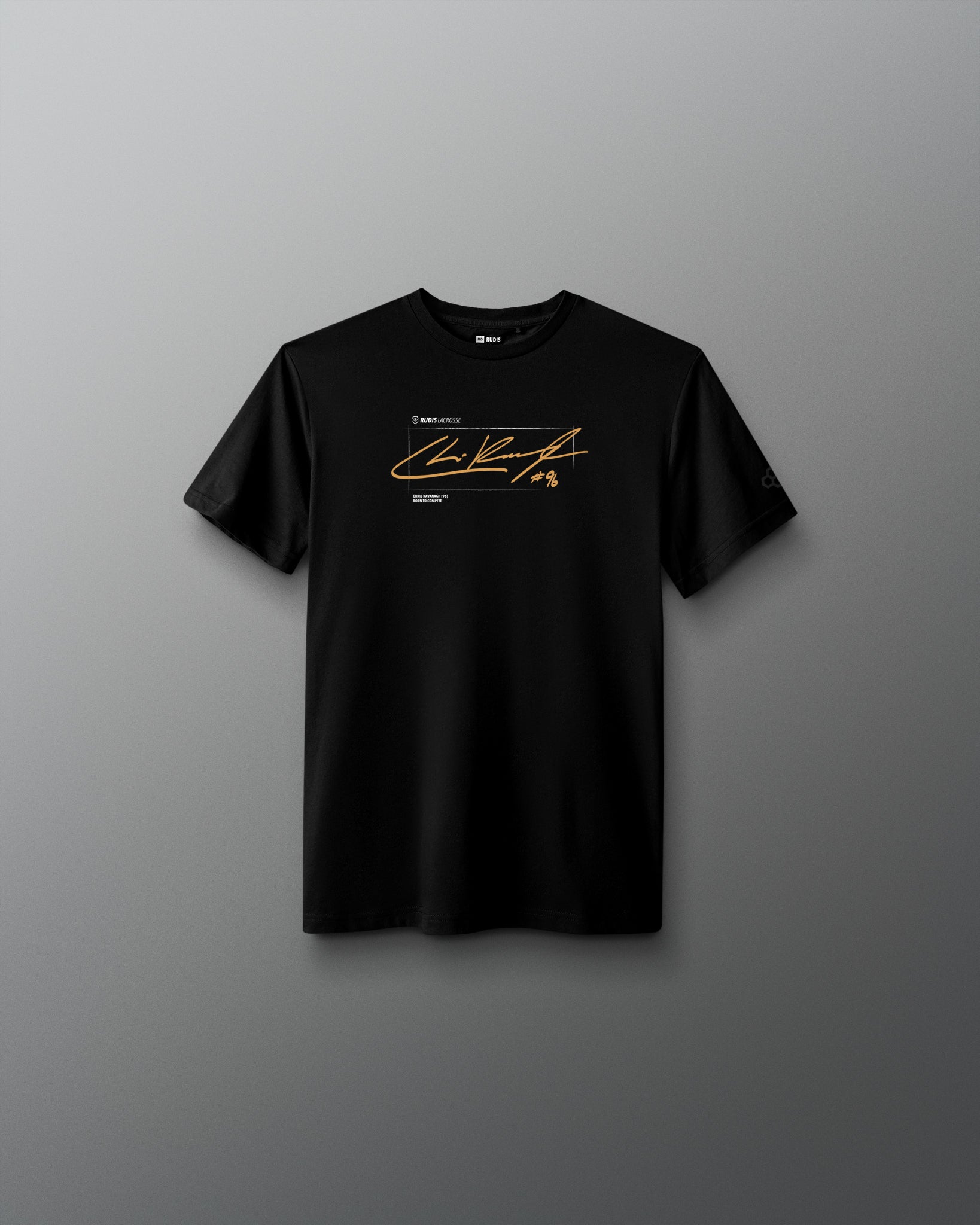 A black short-sleeve crewneck t-shirt with a gold and white graphic print on the chest, displayed against a dark gray gradient background.