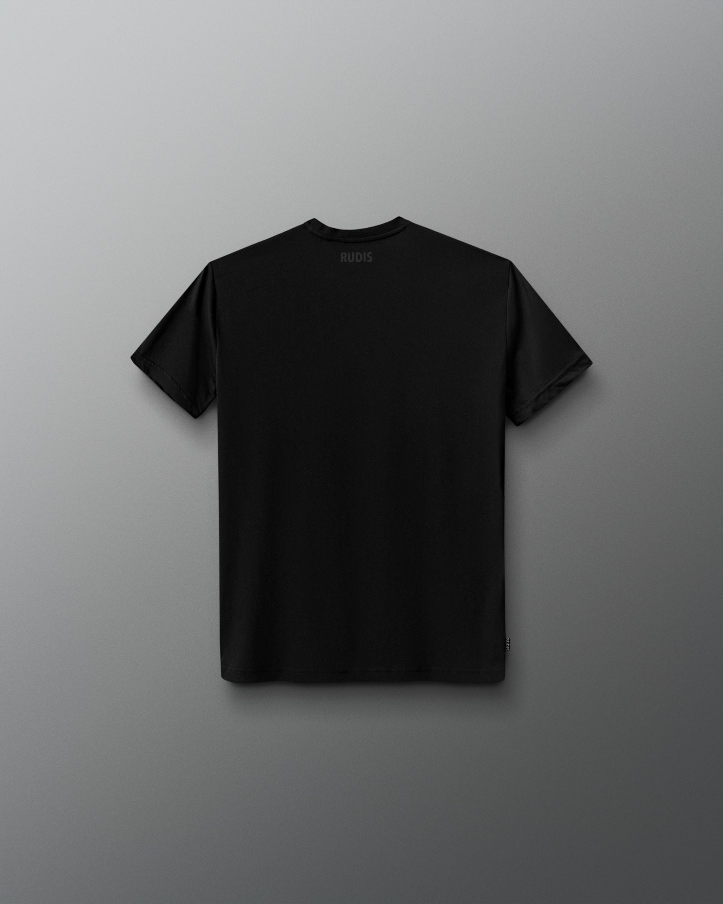 A black short-sleeve crewneck t-shirt shown from the back, centered against a dark gray gradient background.