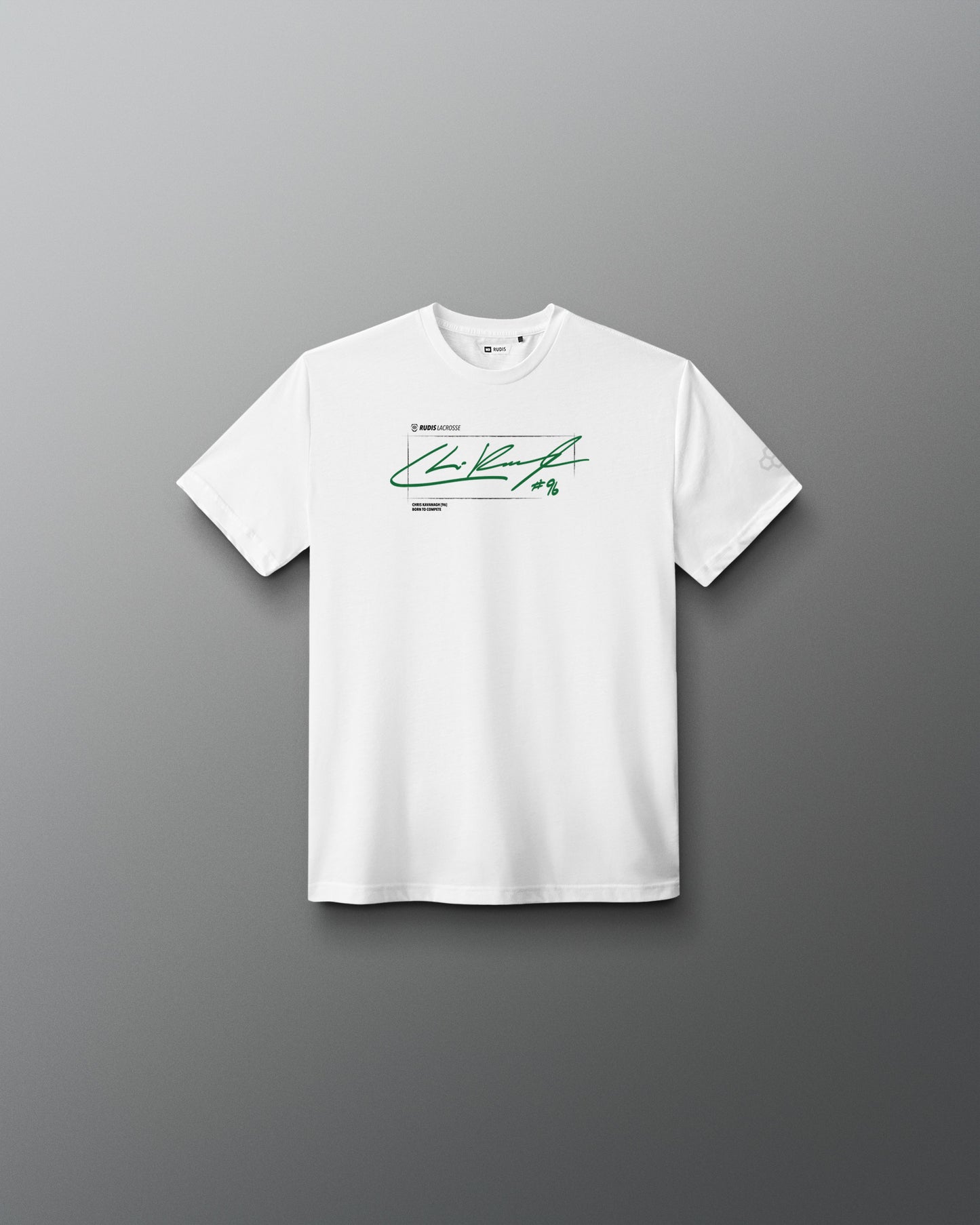 A white short-sleeve crewneck t-shirt with a green signature-style graphic and small text on the chest, displayed against a dark gray gradient background.