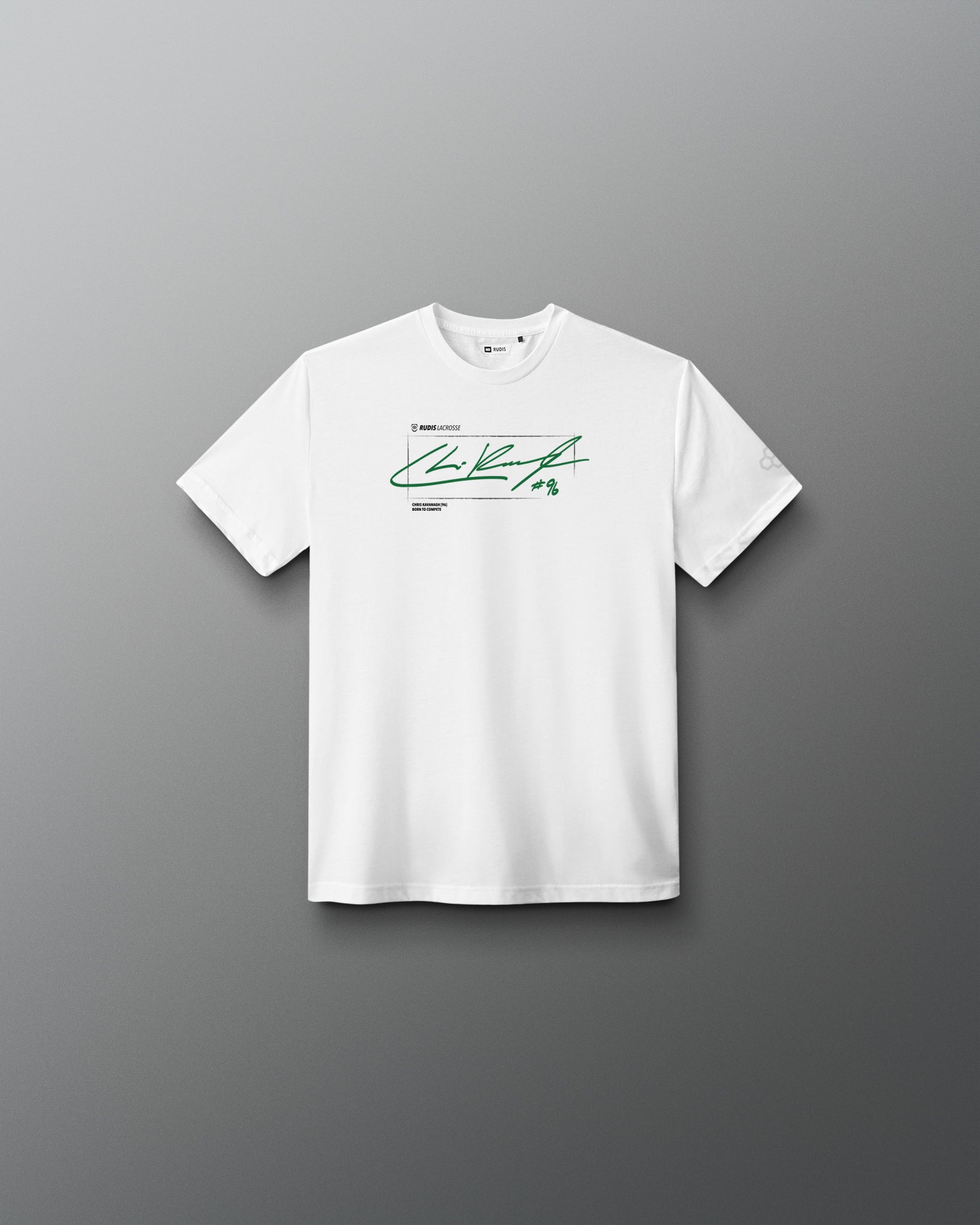 A white short-sleeve crewneck t-shirt with a green signature-style graphic and small text on the chest, displayed against a dark gray gradient background.