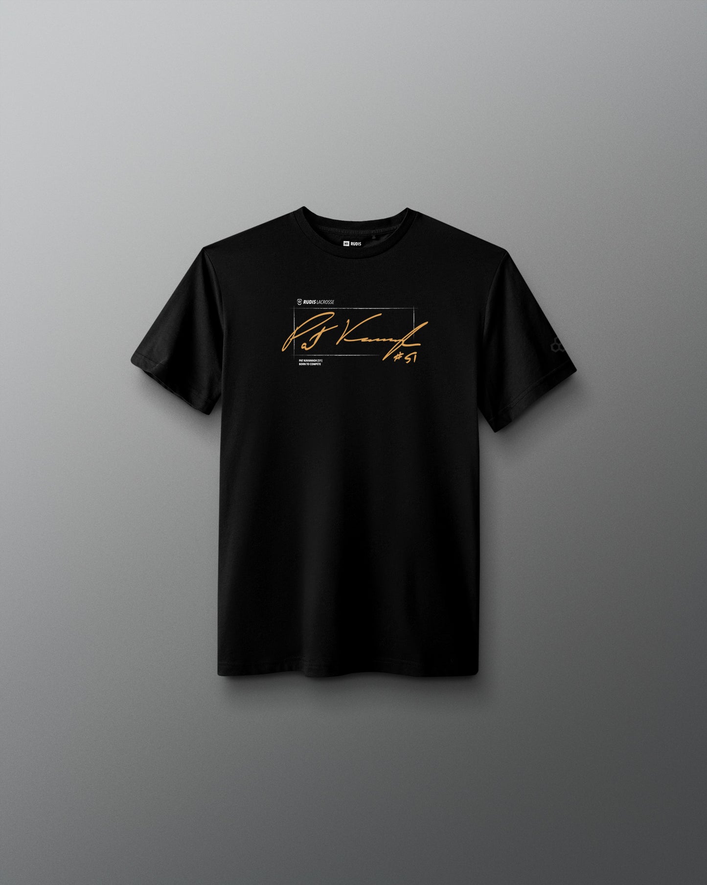 A black short-sleeve crewneck t-shirt with a gold and white graphic print on the chest, displayed against a dark gray gradient background.