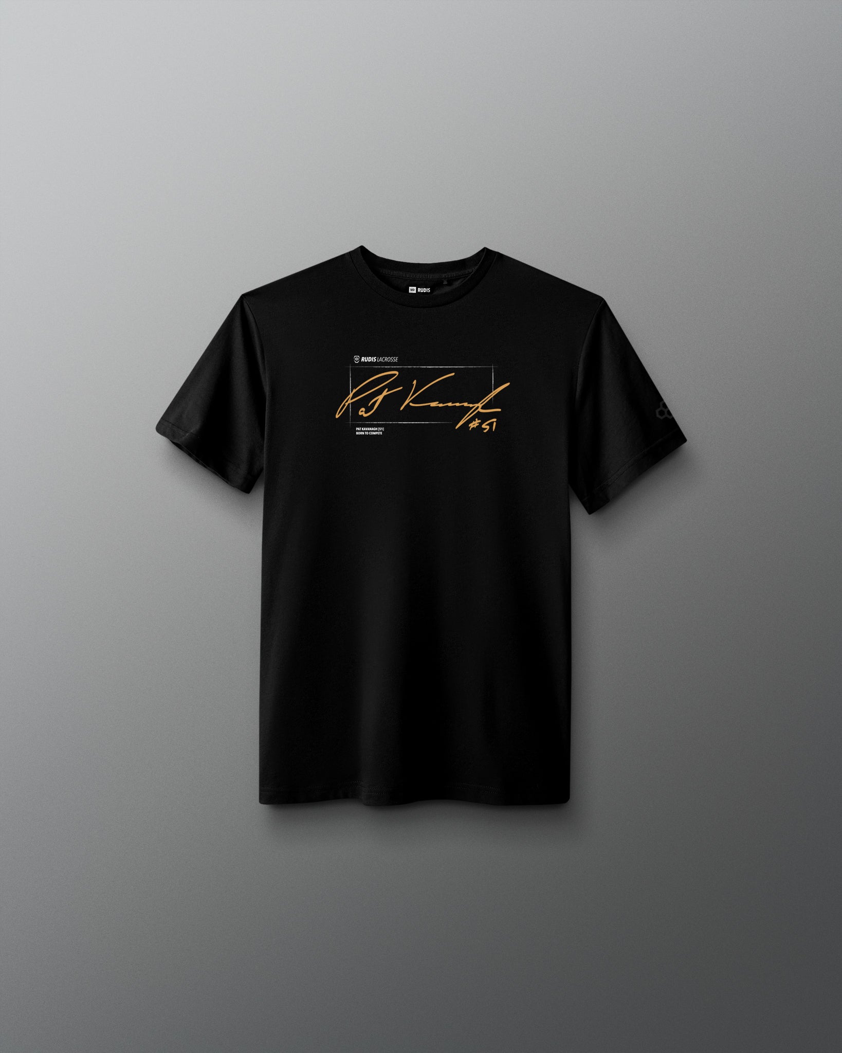 A black short-sleeve crewneck t-shirt with a gold and white graphic print on the chest, displayed against a dark gray gradient background.