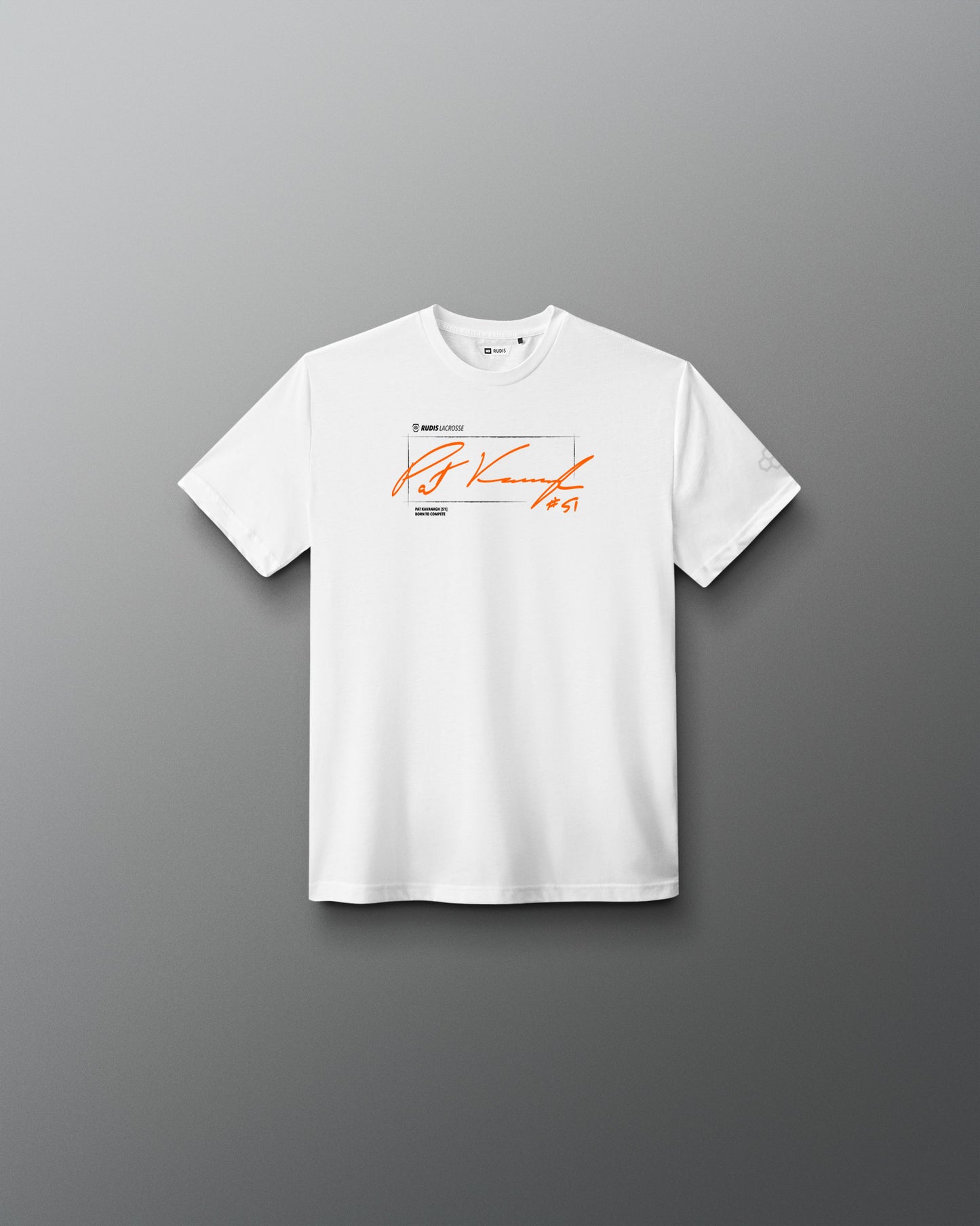 A white short-sleeve crewneck t-shirt with a graphic print on the chest, featuring an orange script signature and small black text, displayed against a dark gray gradient background.