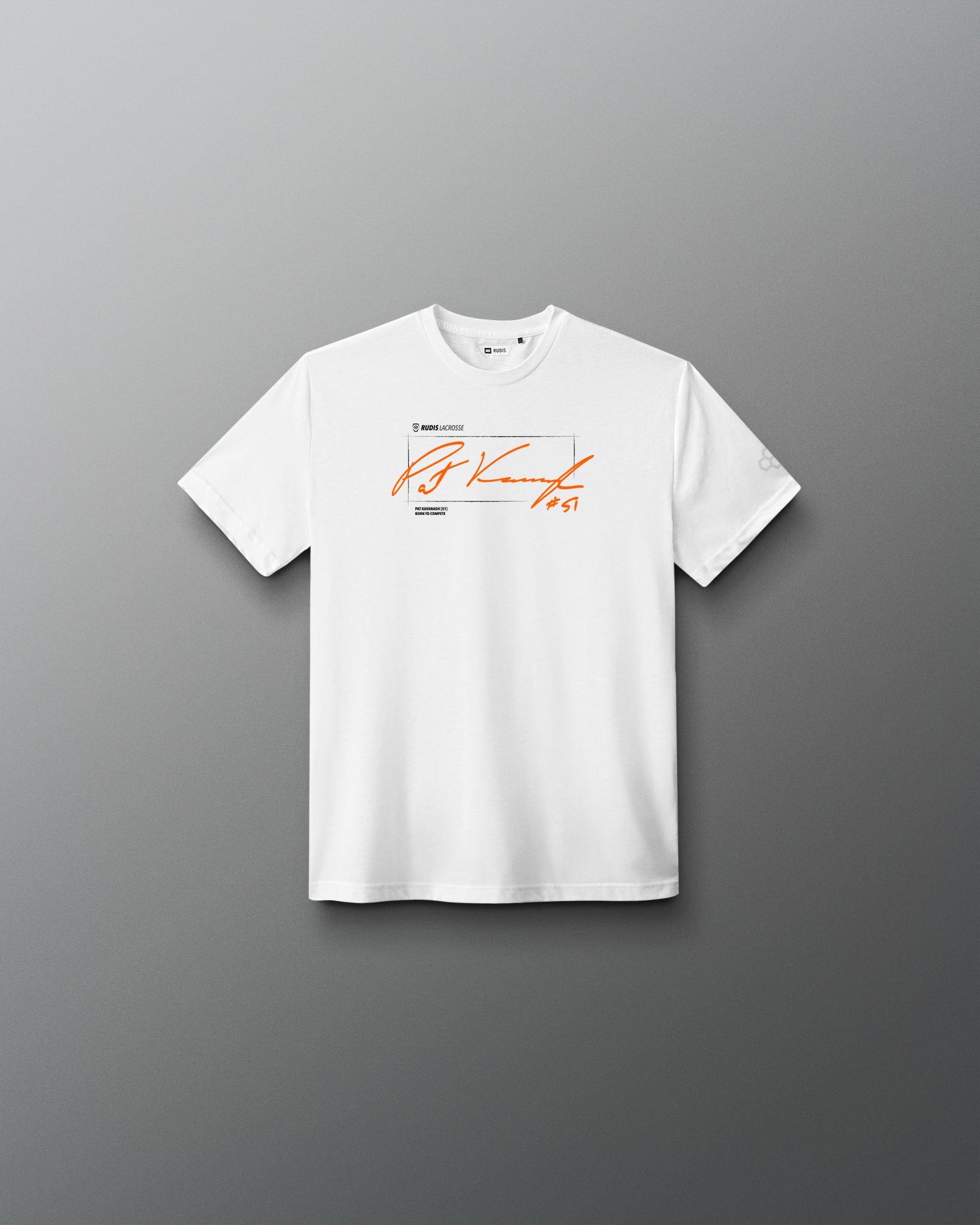 A white short-sleeve crewneck t-shirt with a graphic print on the chest, featuring an orange script signature and small black text, displayed against a dark gray gradient background.