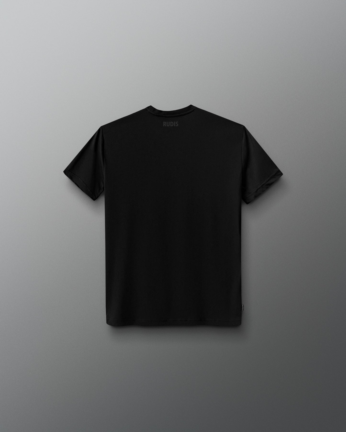 A black short-sleeve crewneck t-shirt shown from the back, centered against a dark gray gradient background.