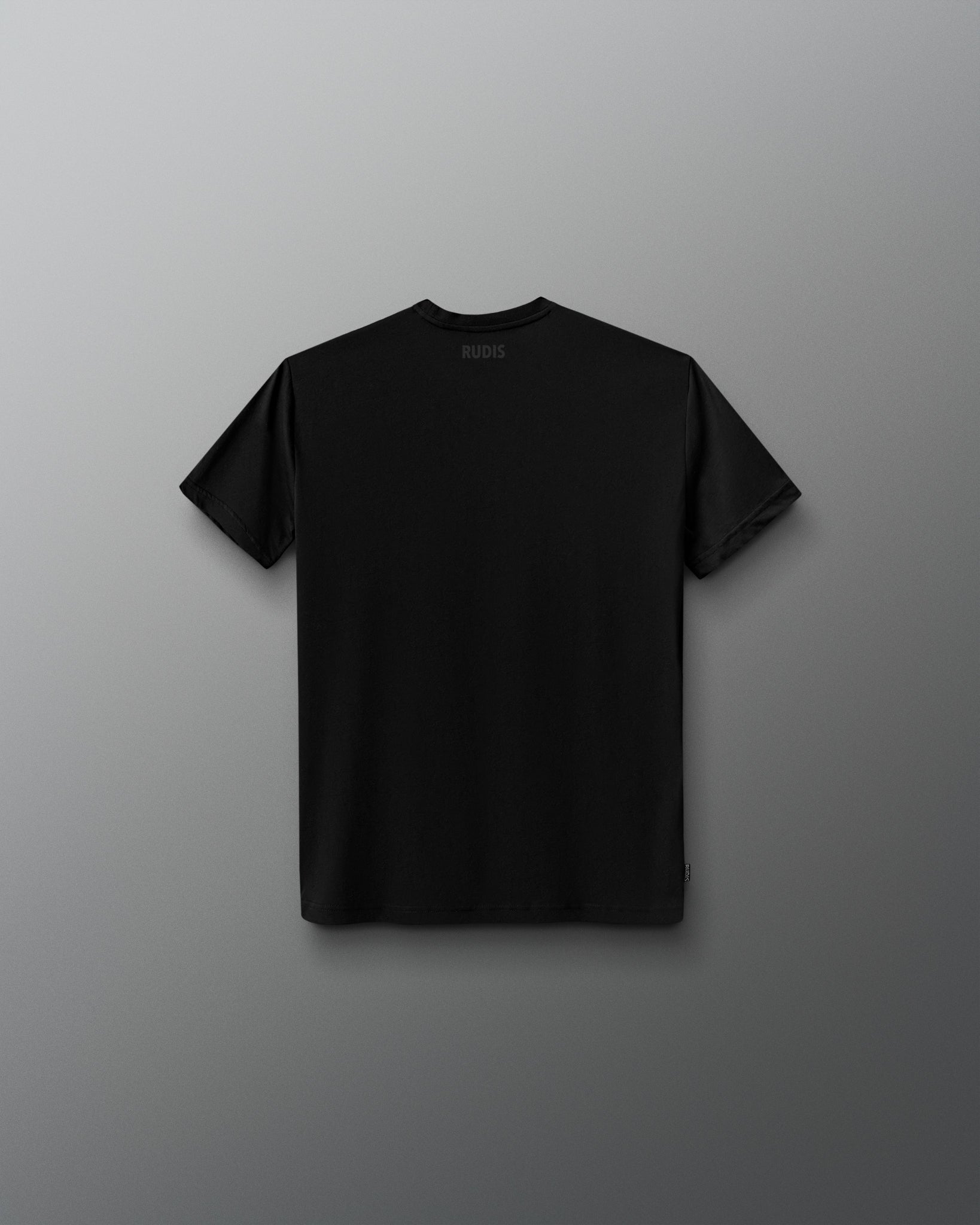 A black short-sleeve crewneck t-shirt shown from the back, centered against a dark gray gradient background.