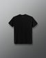 A black short-sleeve crewneck t-shirt shown from the back, centered against a dark gray gradient background.