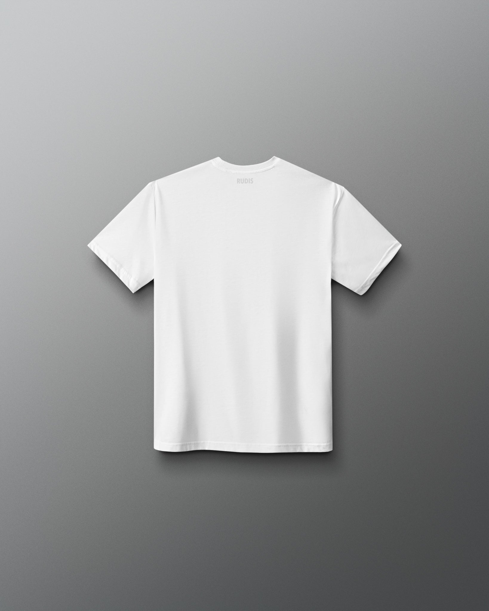 Back view of the white RUDIS Youth Elite Super Soft T-Shirt with a clean, minimalist design and subtle RUDIS logo centered below the collar.