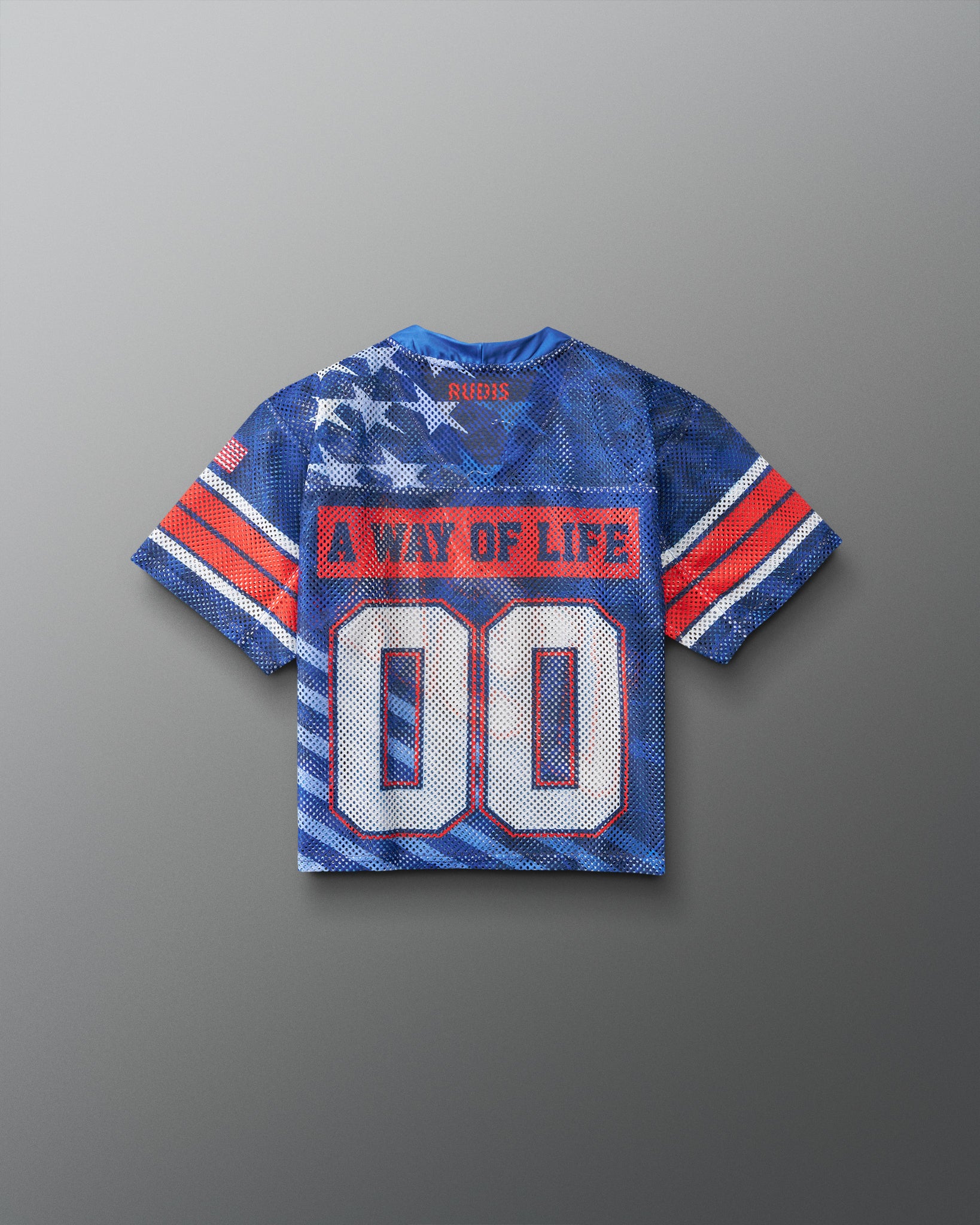 Back view of RUDIS Lacrosse Stars and Stripes Boys Throwback Porthole Jersey in navy mesh with “A Way of Life” graphic and white 00 numbers.