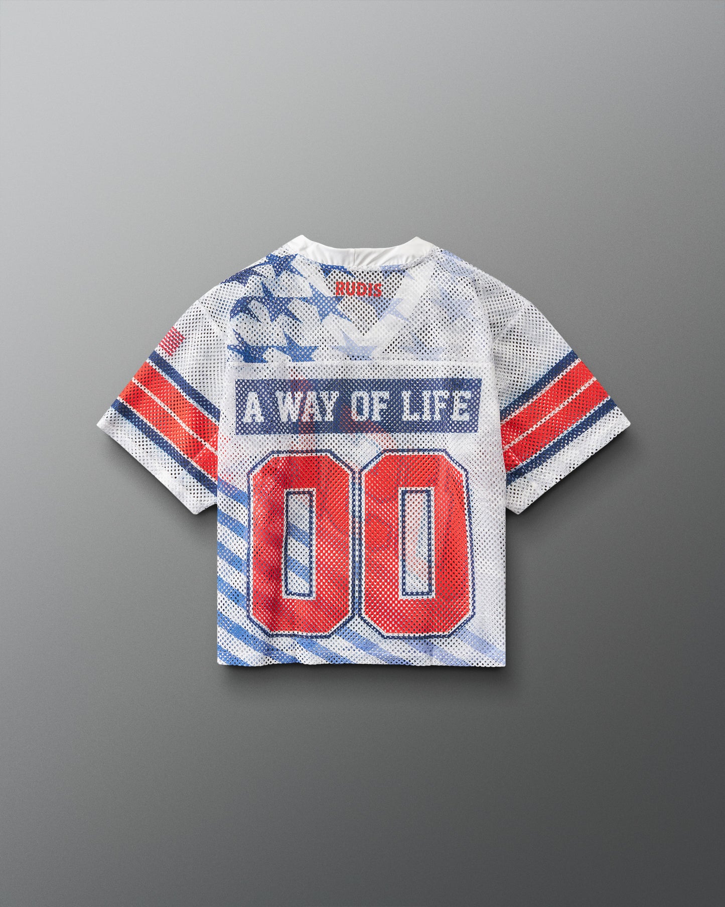 Back view of RUDIS Lacrosse Stars and Stripes Boys Throwback Porthole Jersey in white mesh with “A Way of Life” graphic and red 00 numbers.