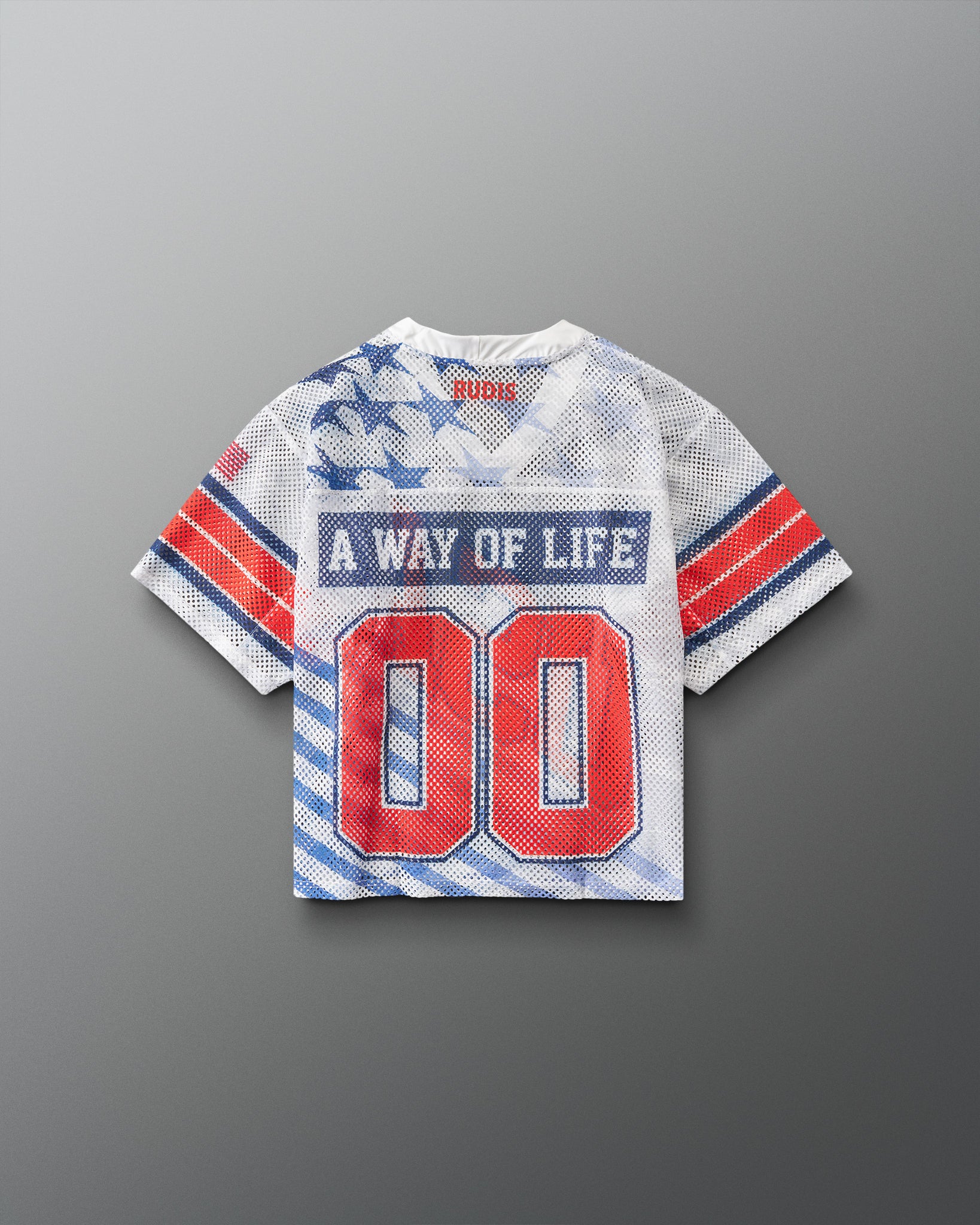 Back view of RUDIS Lacrosse Stars and Stripes Boys Throwback Porthole Jersey in white mesh with “A Way of Life” graphic and red 00 numbers.