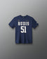Front view of the navy RUDIS P. Kavanagh Jersey Youth Supersoft T-Shirt featuring RUDIS 51 graphics, signature detail and RUDIS sleeve logo.