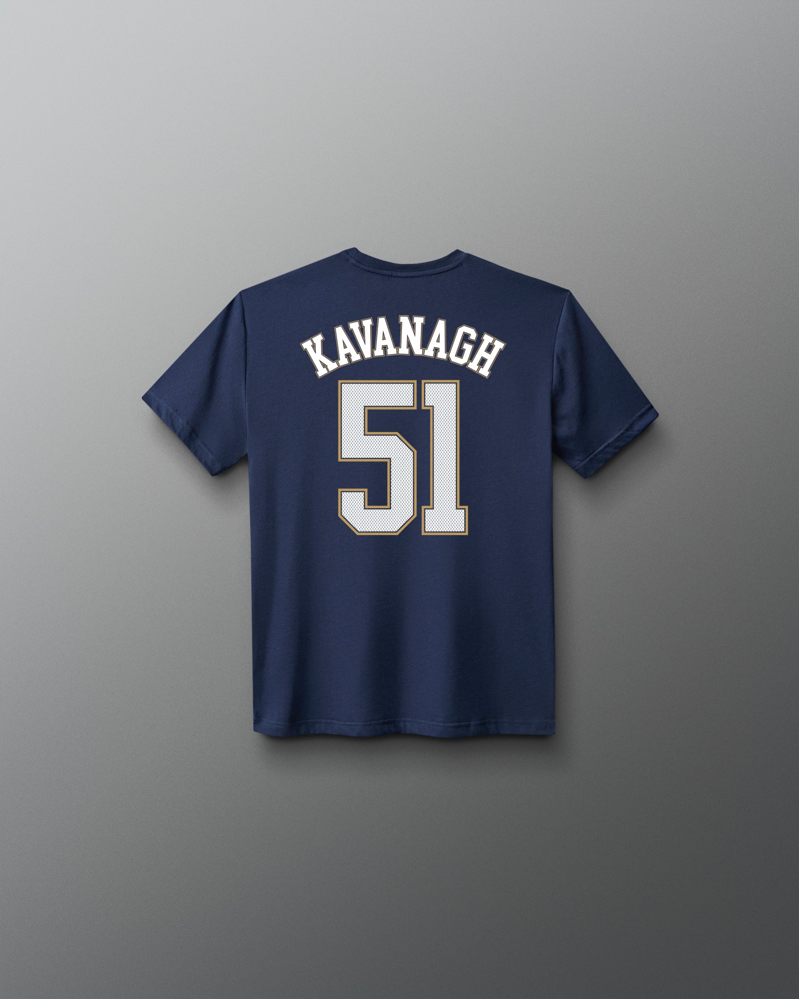 Back view of the navy RUDIS P. Kavanagh Jersey Youth Supersoft T-Shirt featuring KAVANAGH lettering and a large number 51 graphic.