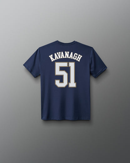 Back view of the navy RUDIS P. Kavanagh Jersey Youth Supersoft T-Shirt featuring KAVANAGH lettering and a large number 51 graphic.