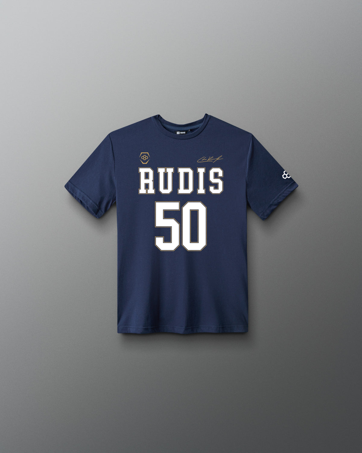 Front view of the navy RUDIS C. Kavanagh Jersey Youth Supersoft T-Shirt featuring RUDIS 50 graphics, signature detail and RUDIS sleeve logo.