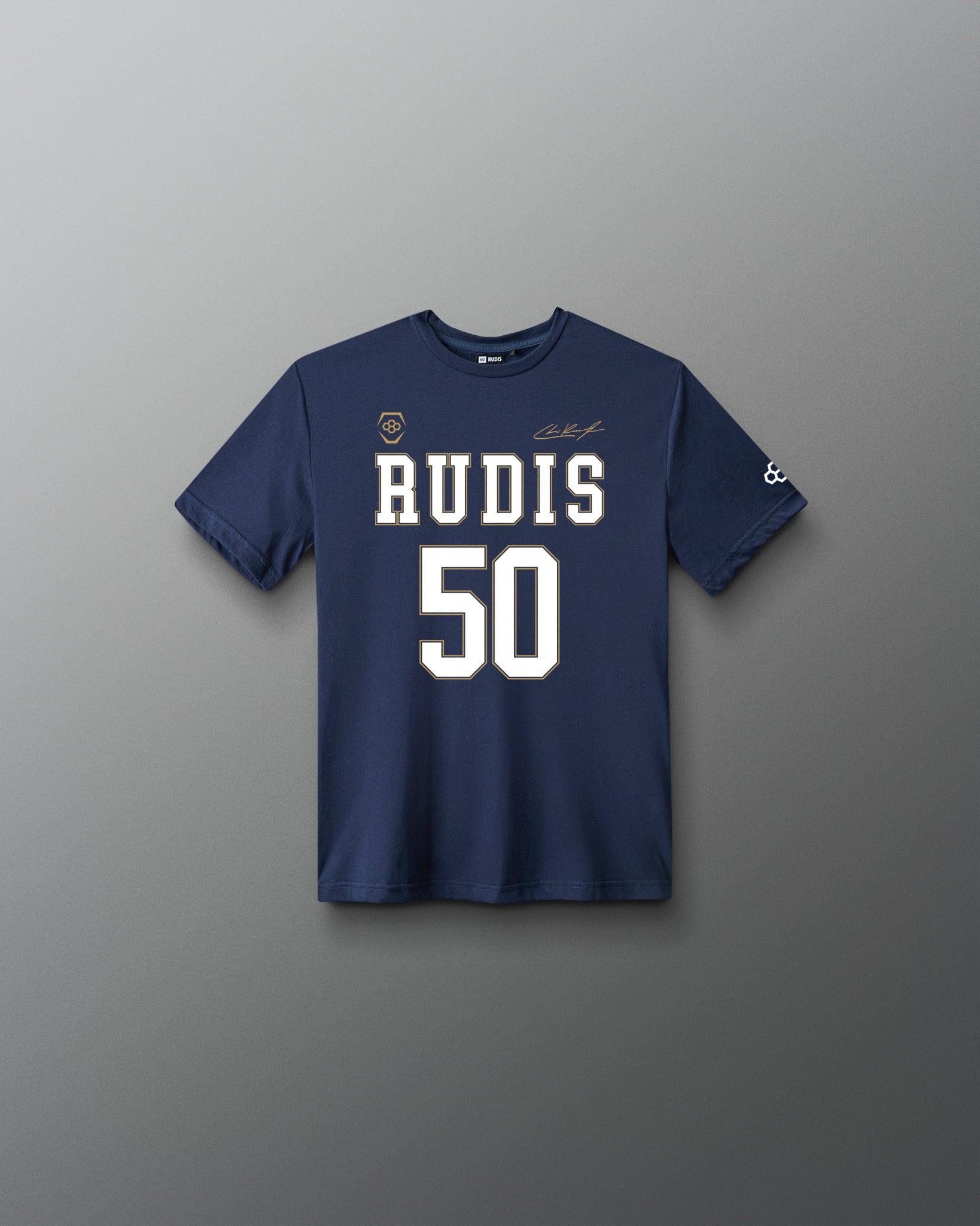 Front view of the navy RUDIS C. Kavanagh Jersey Youth Supersoft T-Shirt featuring RUDIS 50 graphics, signature detail and RUDIS sleeve logo.