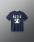 Front view of the navy RUDIS C. Kavanagh Jersey Youth Supersoft T-Shirt featuring RUDIS 50 graphics, signature detail and RUDIS sleeve logo.