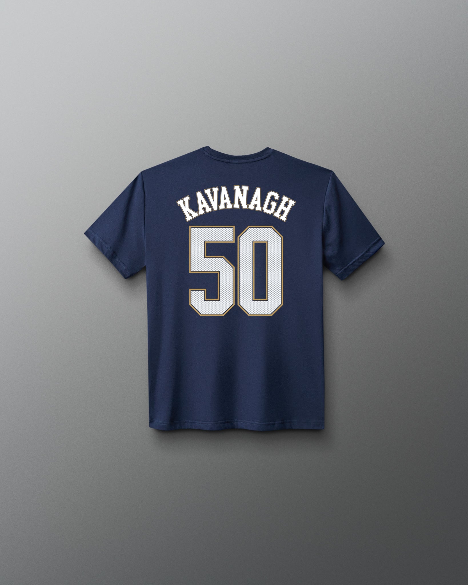 Back view of the navy RUDIS C. Kavanagh Jersey Youth Supersoft T-Shirt featuring KAVANAGH lettering and a large number 50 graphic.