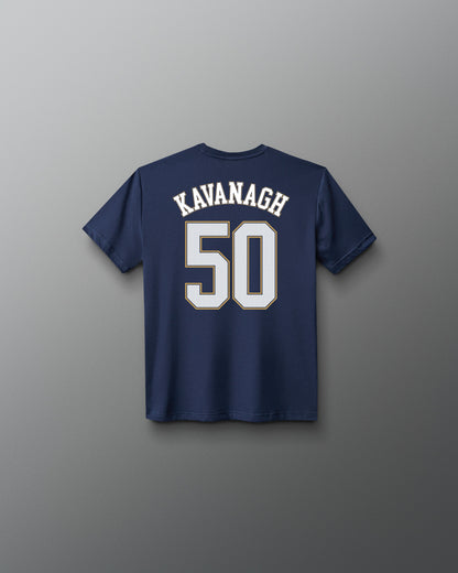 Back view of the navy RUDIS C. Kavanagh Jersey Youth Supersoft T-Shirt featuring KAVANAGH lettering and a large number 50 graphic.