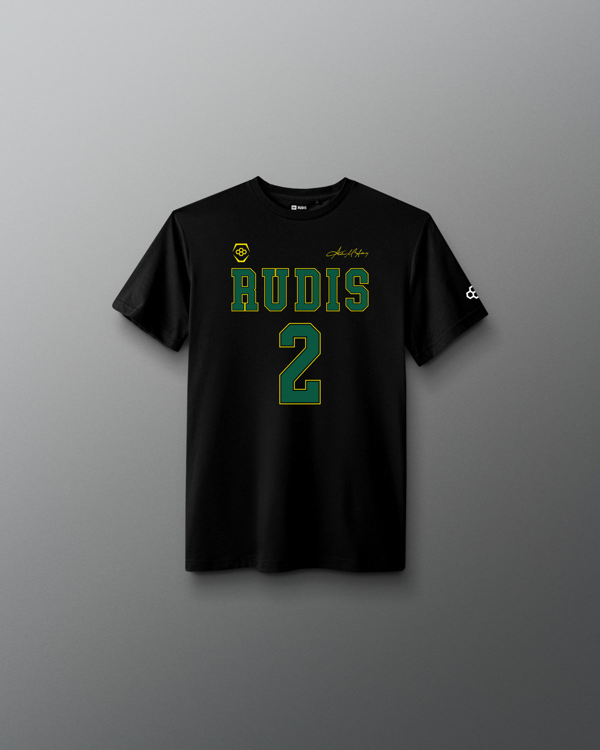 Front view of the black RUDIS McAdorey Jersey Youth Supersoft T-Shirt featuring green RUDIS graphics, number 2, signature detail and sleeve logo.