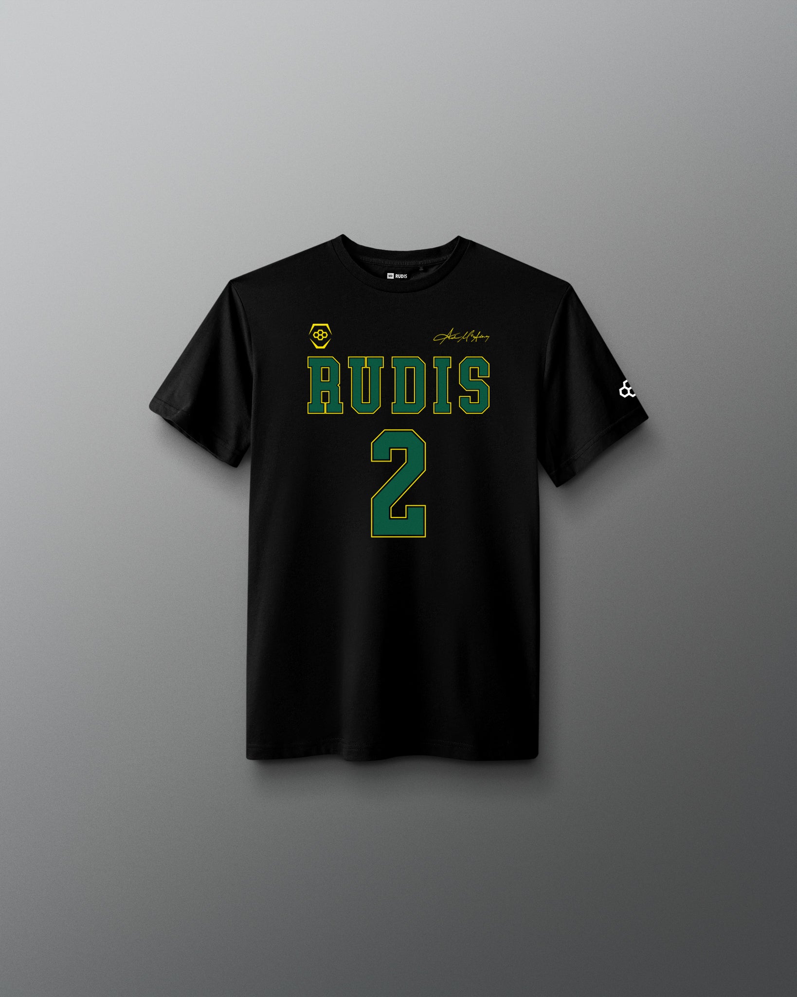 Front view of the black RUDIS McAdorey Jersey Youth Supersoft T-Shirt featuring green RUDIS graphics, number 2, signature detail and sleeve logo.