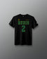 Front view of the black RUDIS McAdorey Jersey Youth Supersoft T-Shirt featuring green RUDIS graphics, number 2, signature detail and sleeve logo.