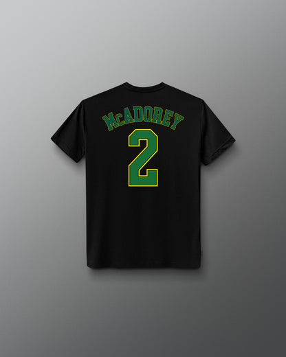 Back view of the black RUDIS McAdorey Jersey Youth Supersoft T-Shirt featuring McADOREY lettering and a large green number 2 graphic.