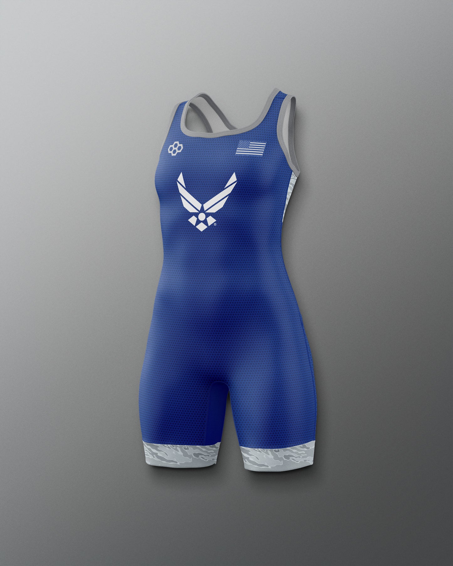 Blue wrestling singlet with Air Force logo on a gray background