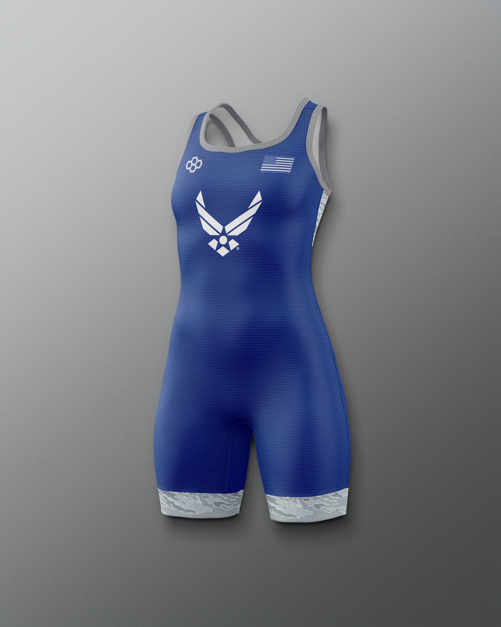 Blue wrestling singlet with Air Force logo on a gray background